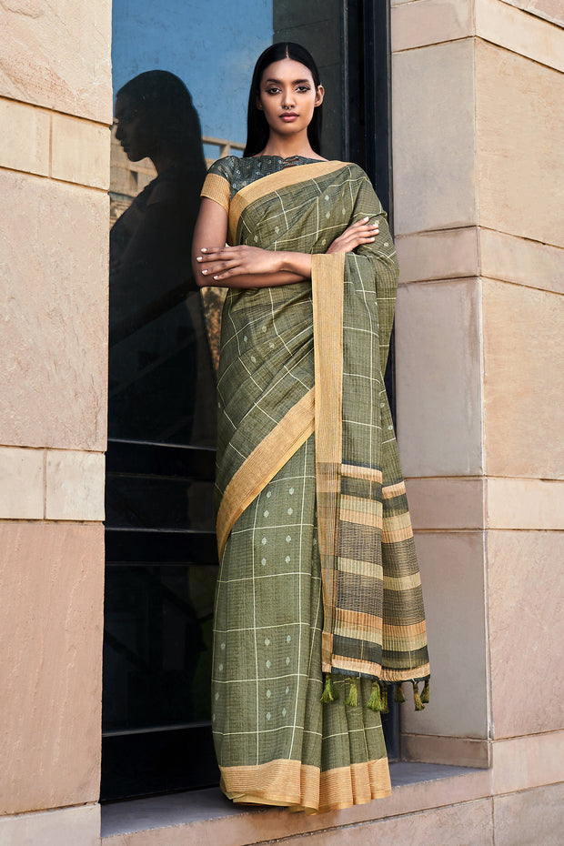 Buy MySilkLove Verdigris Green Printed Cotton Silk Saree Online