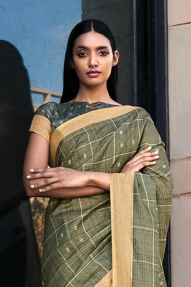 Buy MySilkLove Verdigris Green Printed Cotton Silk Saree Online