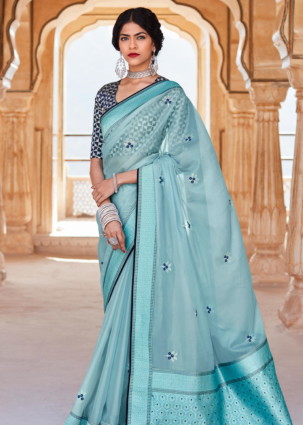 Buy MySilkLove Casper Blue Woven Banarasi Soft Silk Designer Saree Online