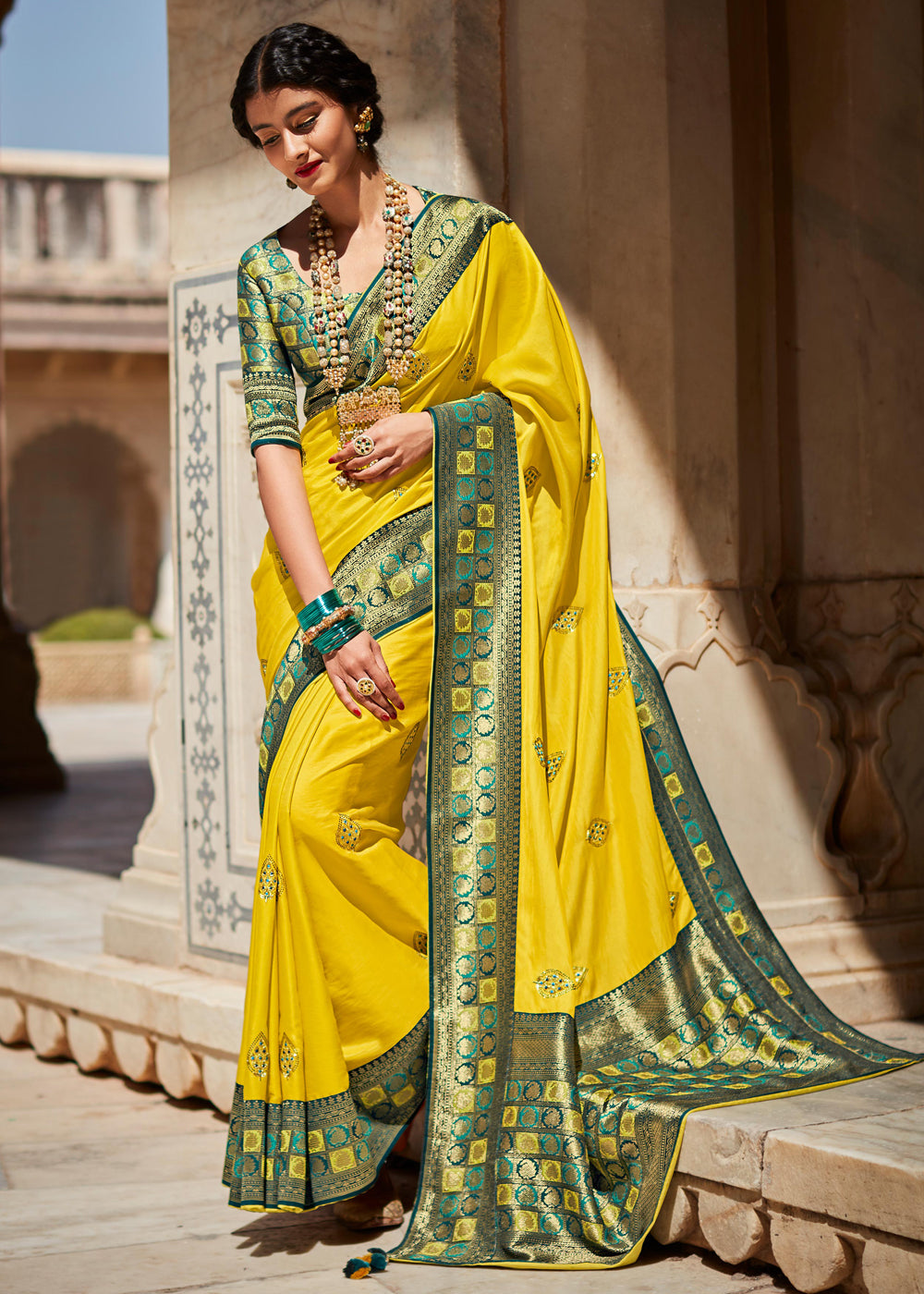 Buy MySilkLove Laser Lemon Yellow Woven Banarasi Soft Silk Designer Saree Online