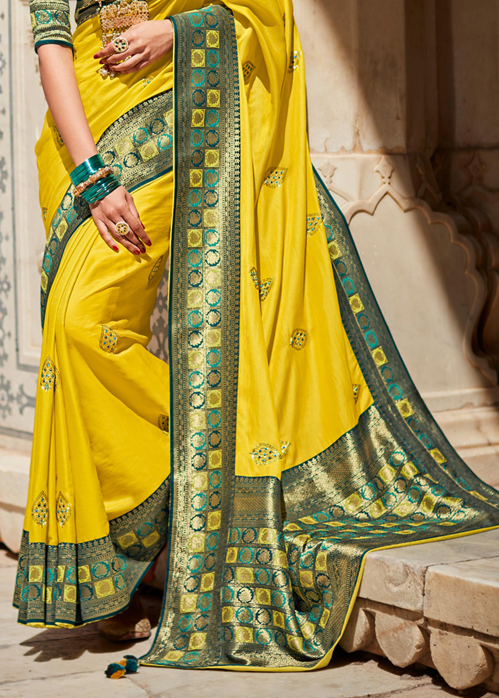 Buy MySilkLove Laser Lemon Yellow Woven Banarasi Soft Silk Designer Saree Online