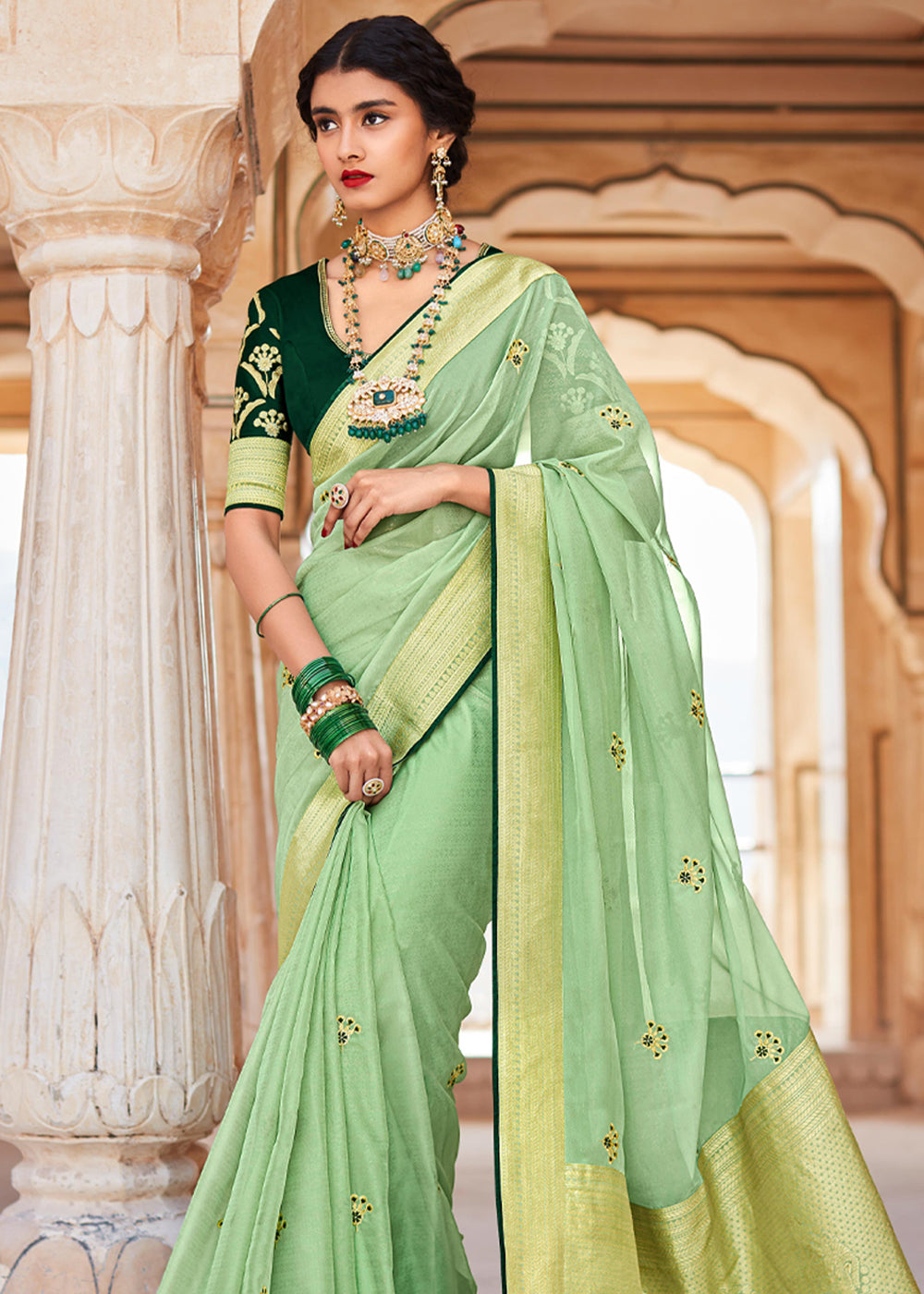 Buy MySilkLove Moss Green Woven Banarasi Soft Silk Designer Saree Online