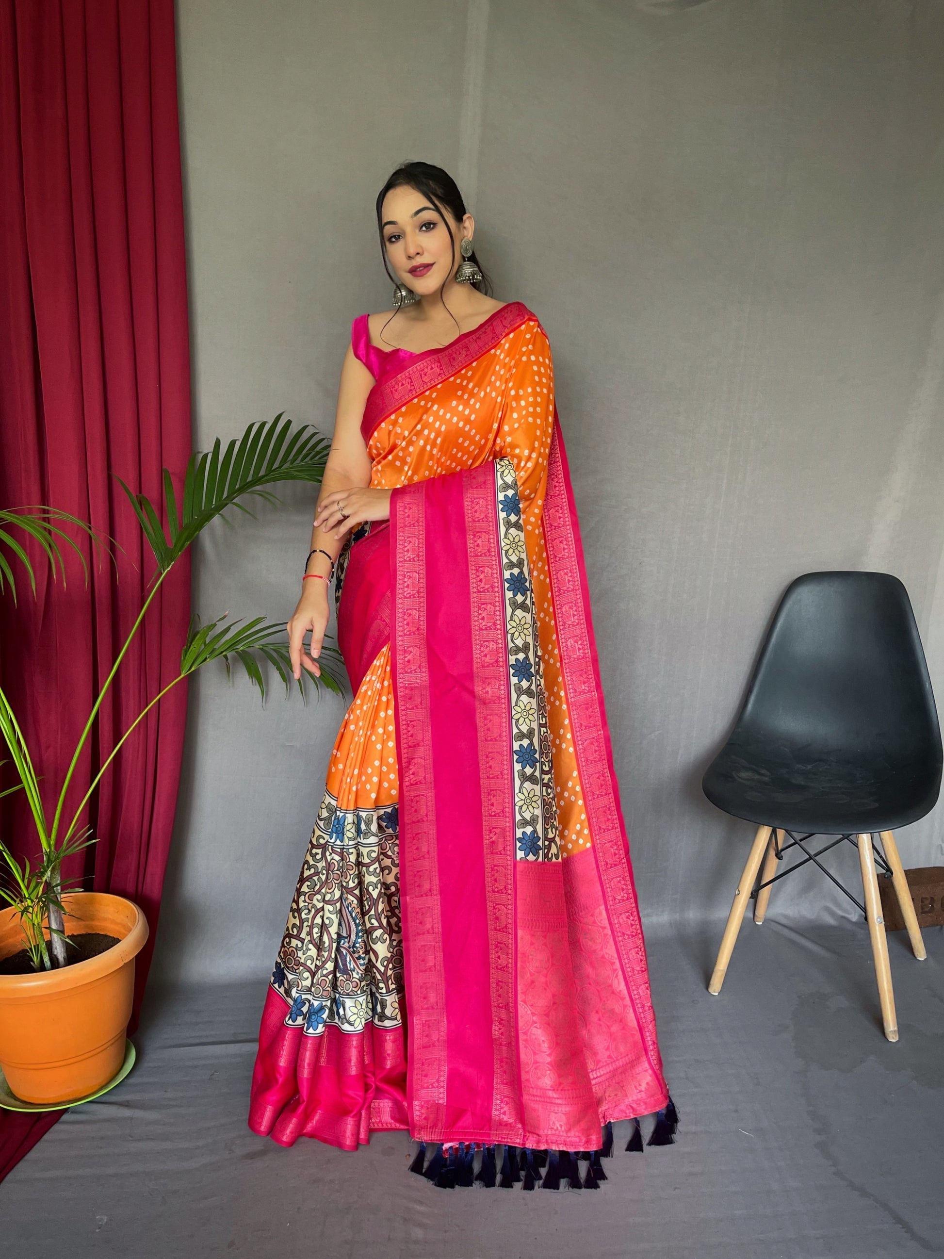 Buy MySilkLove Crusta Orange and Pink Gala Bandhej Kalamkari Printed Silk Saree Online