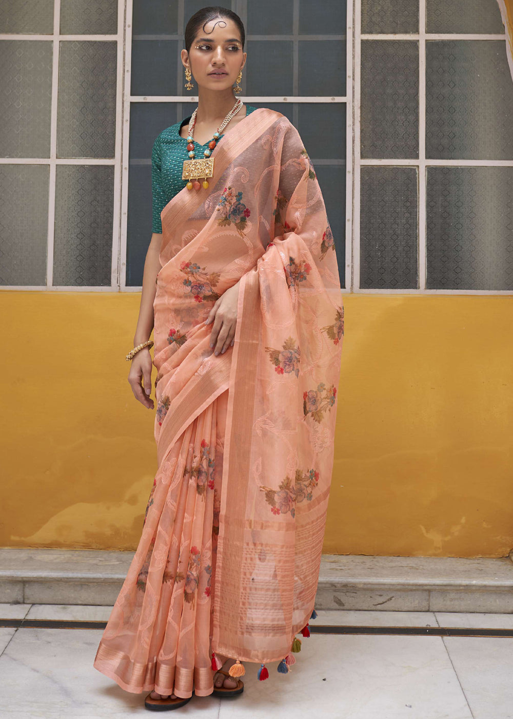 Buy MySilkLove Peach Orange Digital Print Organza Silk Saree Online