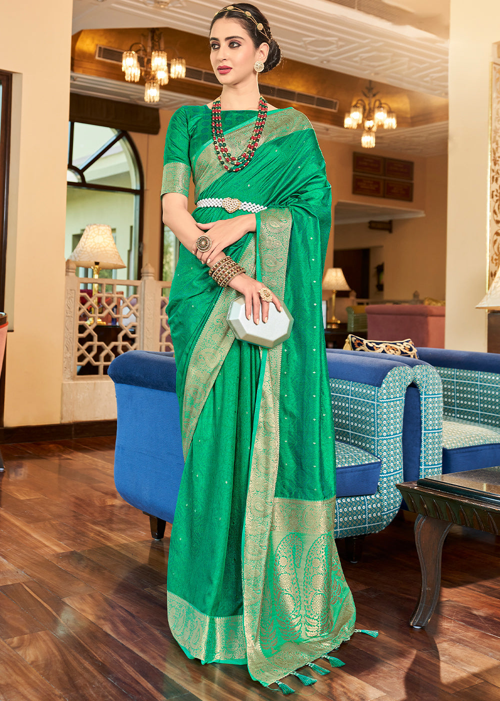 Buy MySilkLove Caribbean Green Bnaarasi Woven Two Tone Saft Silk Saree Online