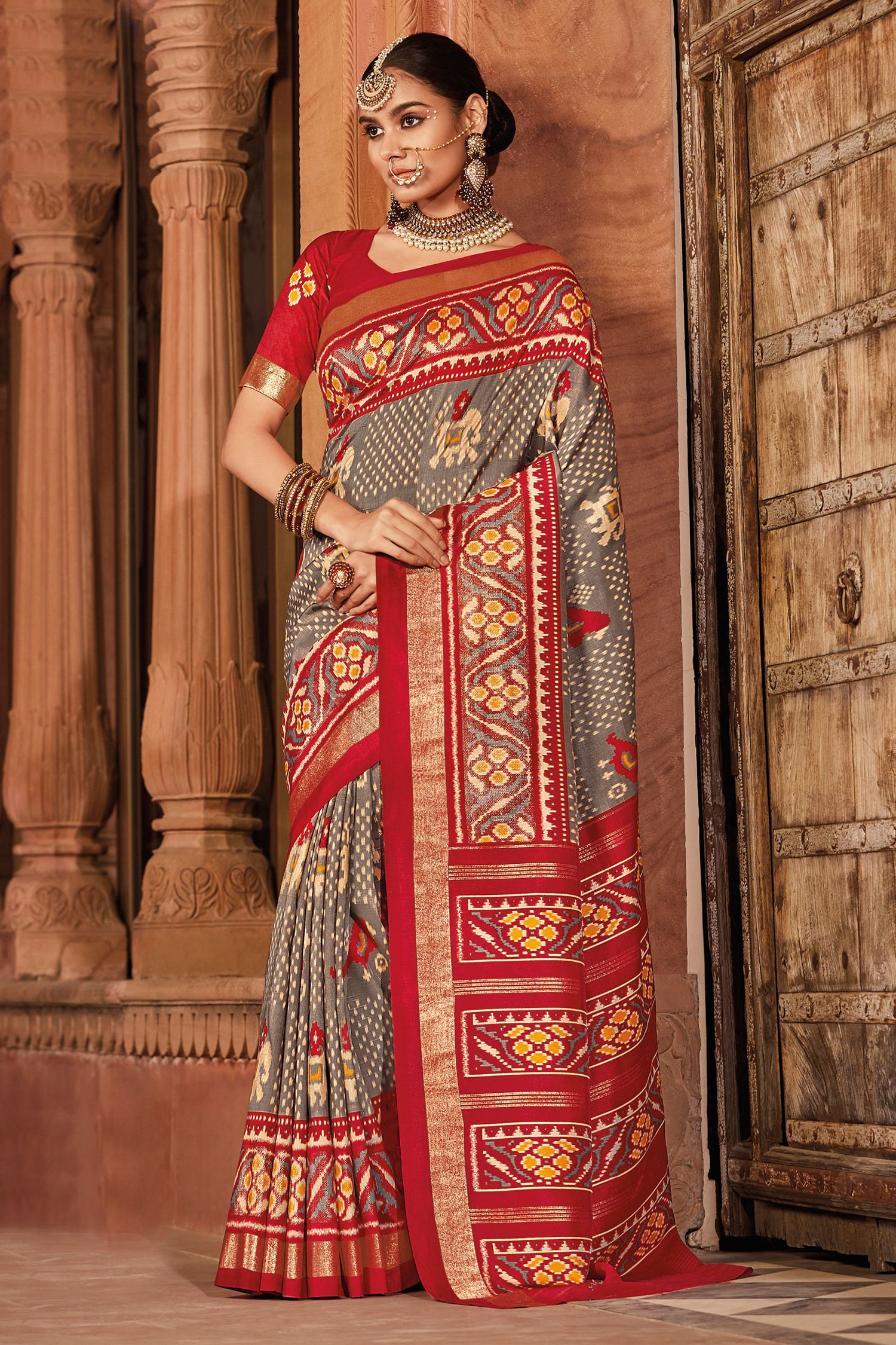 Buy MySilkLove Rodeo Dust Grey and Red Patola Printed Art Silk Saree Online