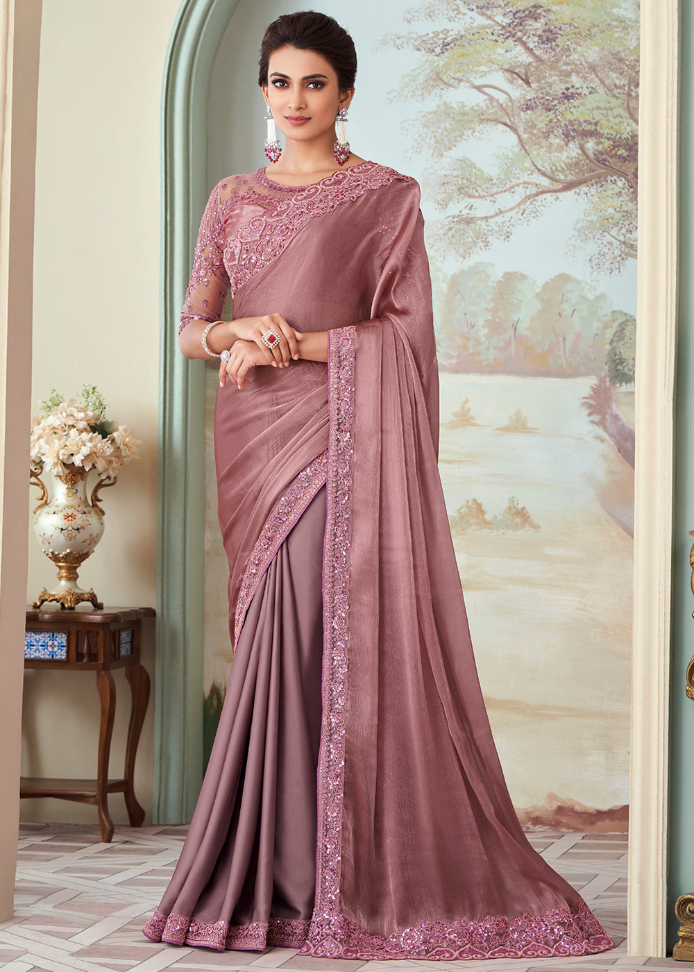 Buy MySilkLove Pink Pearl Designer Embroidered Satin Silk Saree Online