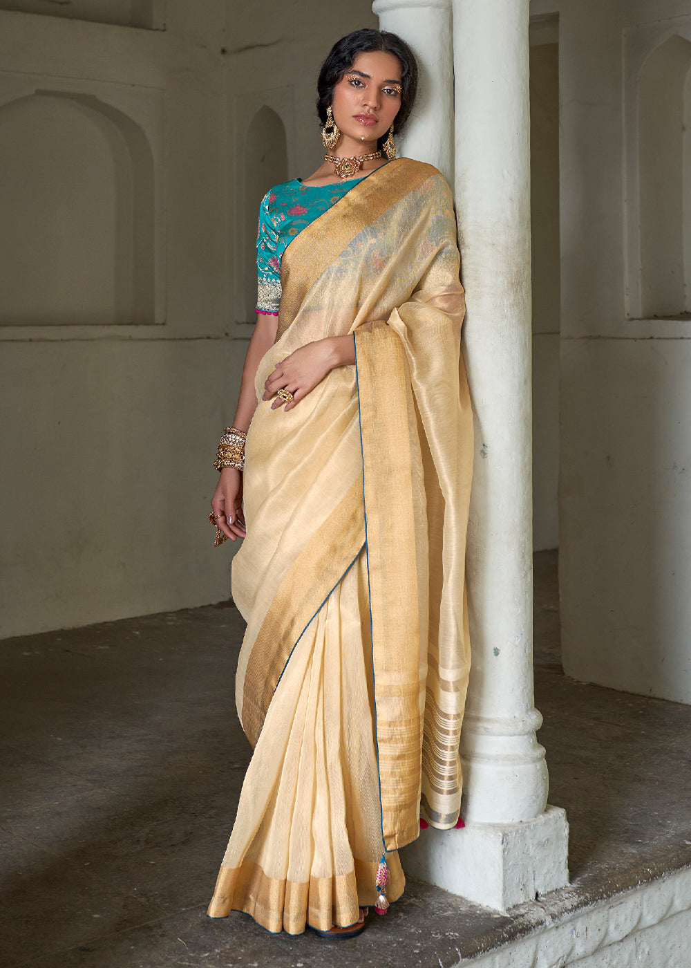 Buy MySilkLove Gold Sand Cream Soft Tissue Organza Silk Saree Online