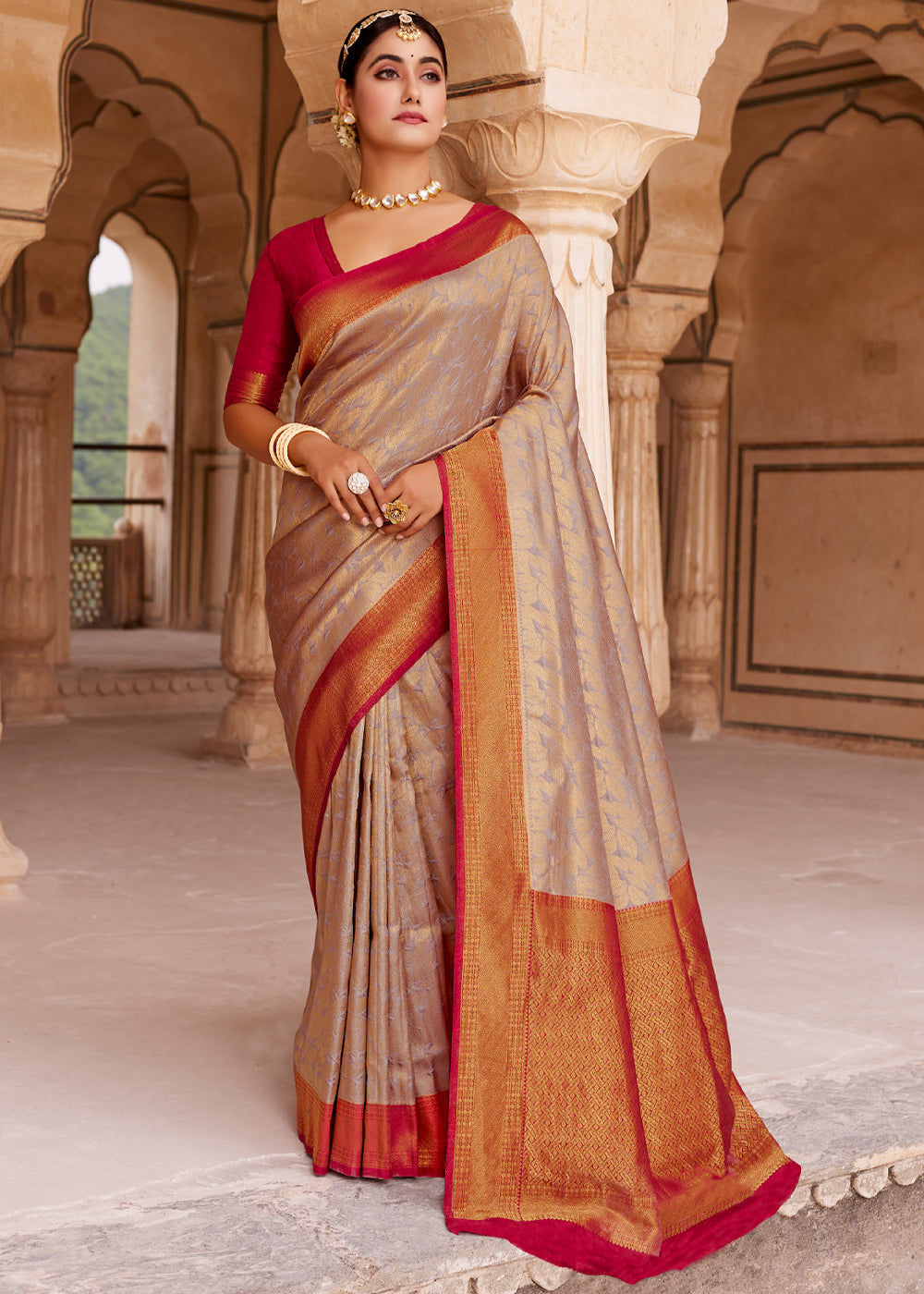 Buy MySilkLove Santa Fe Brown and Red Woven Kanjivram Silk Saree Online