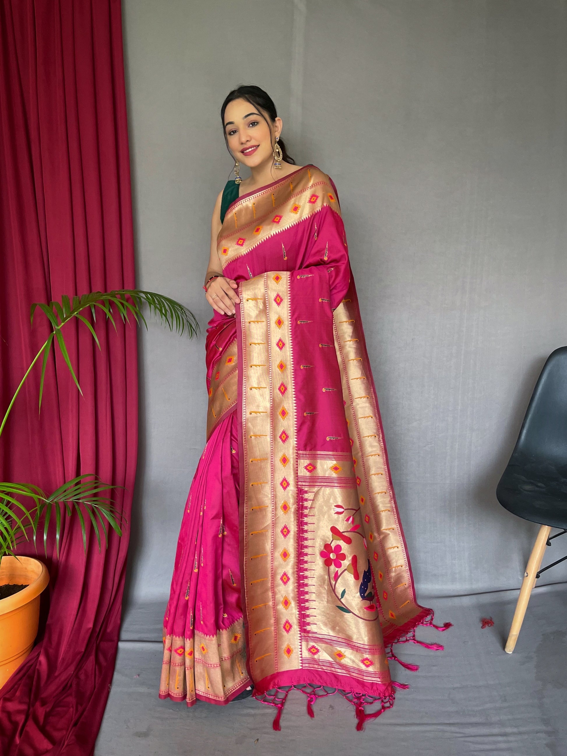 Buy MySilkLove Vivid Pink Muniya Paithani Woven Silk Saree Online
