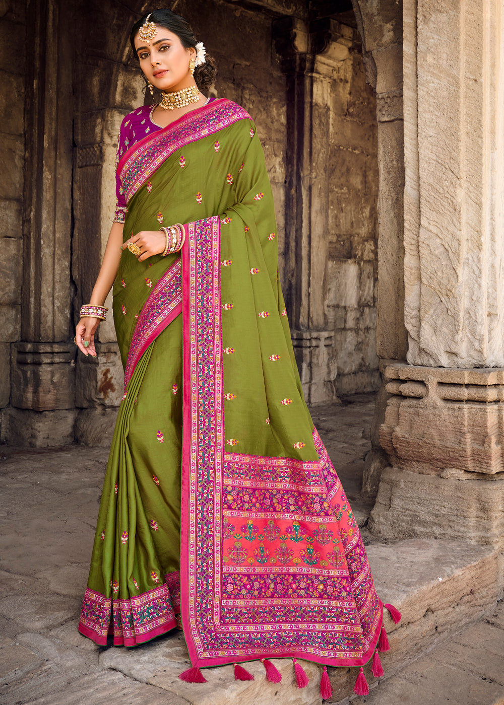 Buy MySilkLove Bronze Olive Green Banarasi Woven Silk Saree with Designer Blouse Online