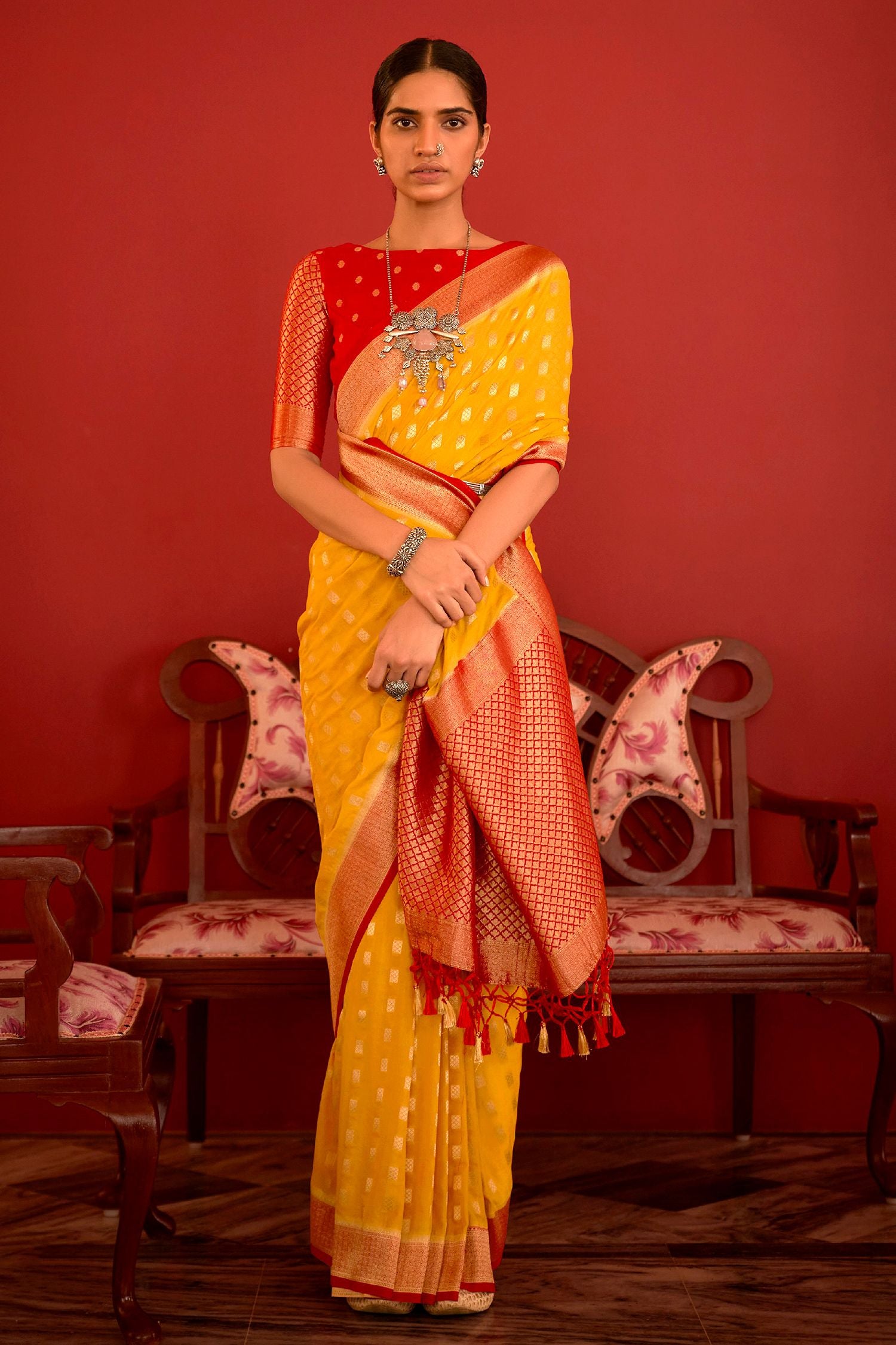 Buy MySilkLove My Sin Yellow and Red Woven Banarasi Woven Silk Saree Online