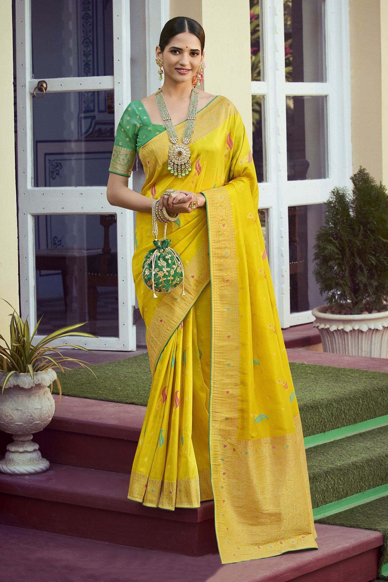 Buy MySilkLove Pale Canary Yellow Woven Designer Banarasi Silk Saree Online