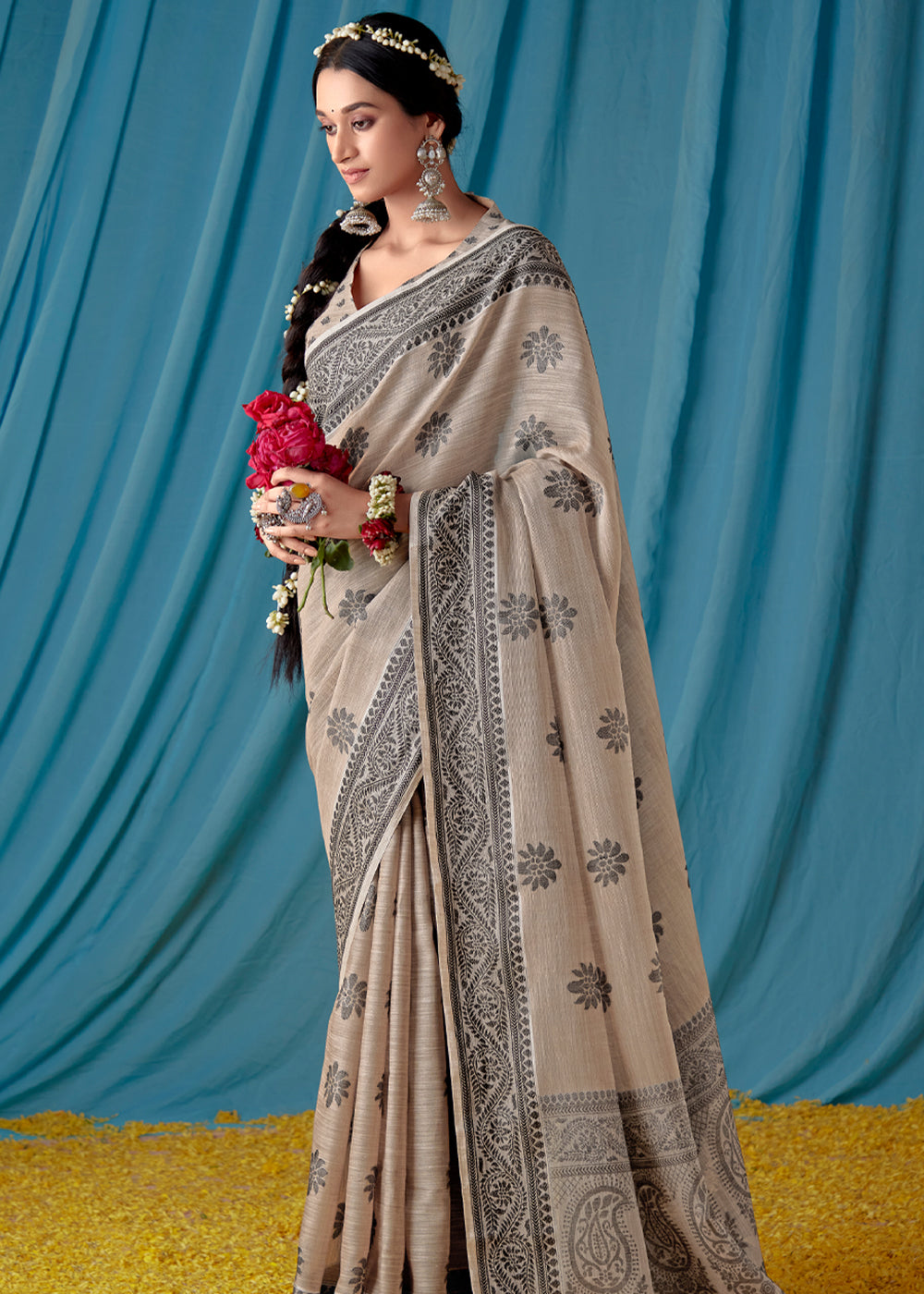 Buy MySilkLove Bronco Grey Woven Banarasi Linen Silk Saree Online