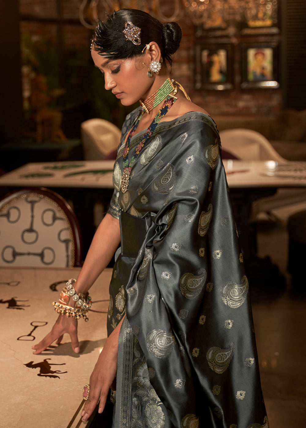 Buy MySilkLove Flint Grey Banarasi Woven Satin Silk Saree Online