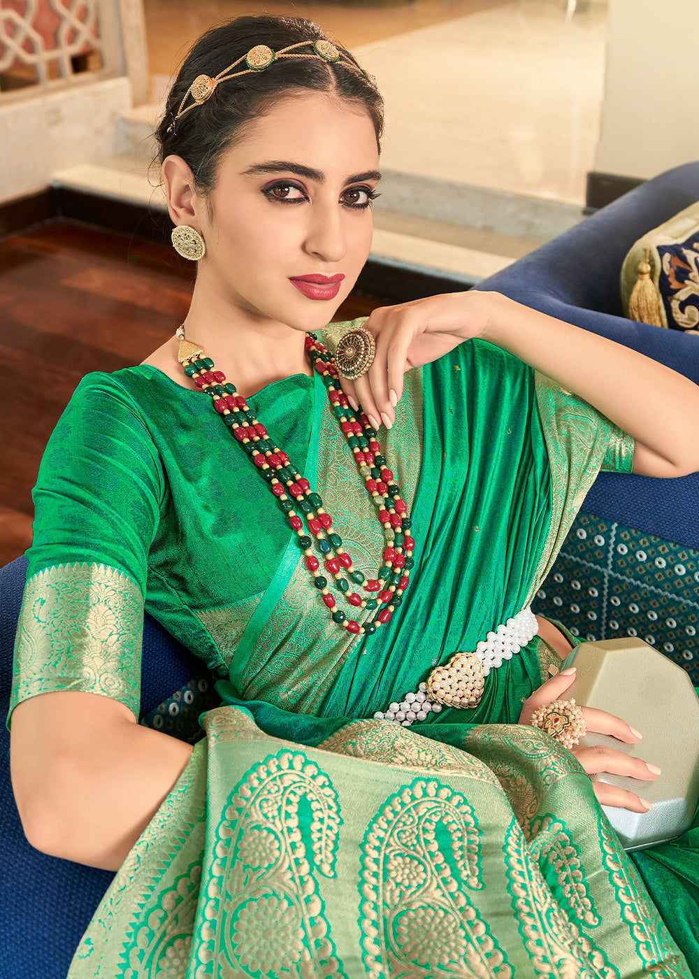 Buy MySilkLove Caribbean Green Bnaarasi Woven Two Tone Saft Silk Saree Online