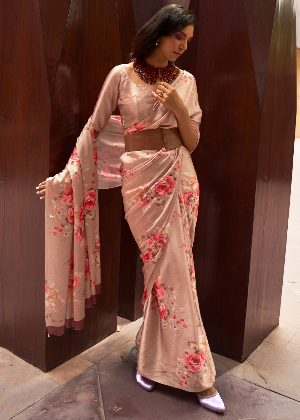 Buy MySilkLove Tonys Peach Floral Printed Satin Silk Saree Online