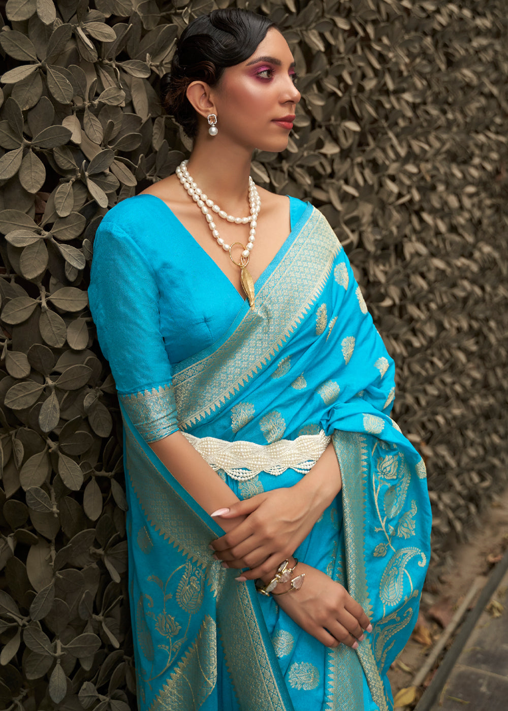 Buy MySilkLove Bright Turquoise Blue Woven Banarasi Chiffon Saree Online