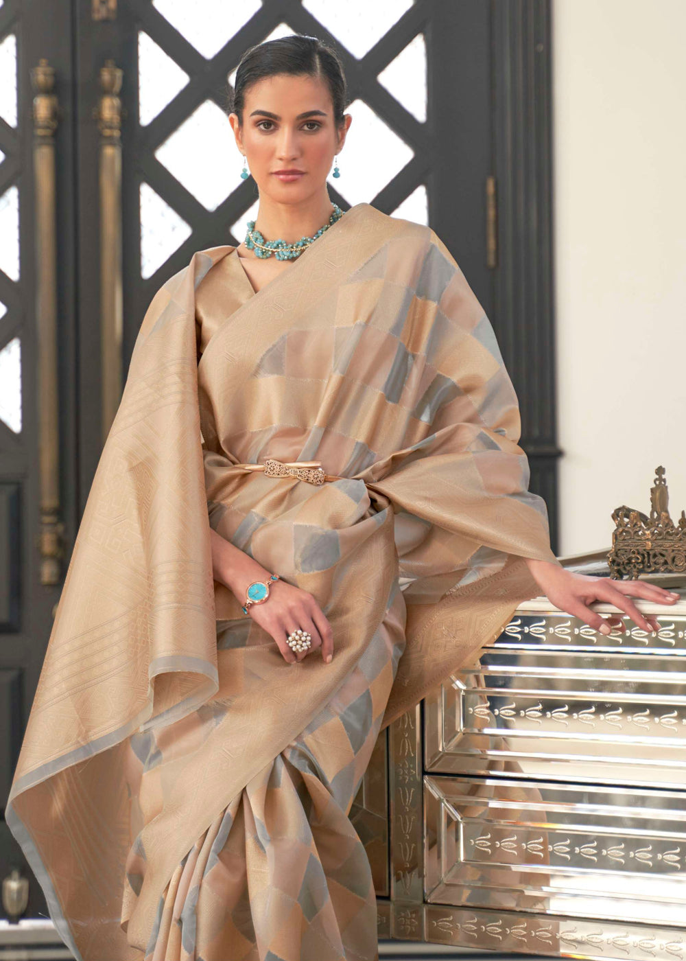 Buy MySilkLove Mist Golden and Grey Woven Organza Banarasi Silk Saree Online