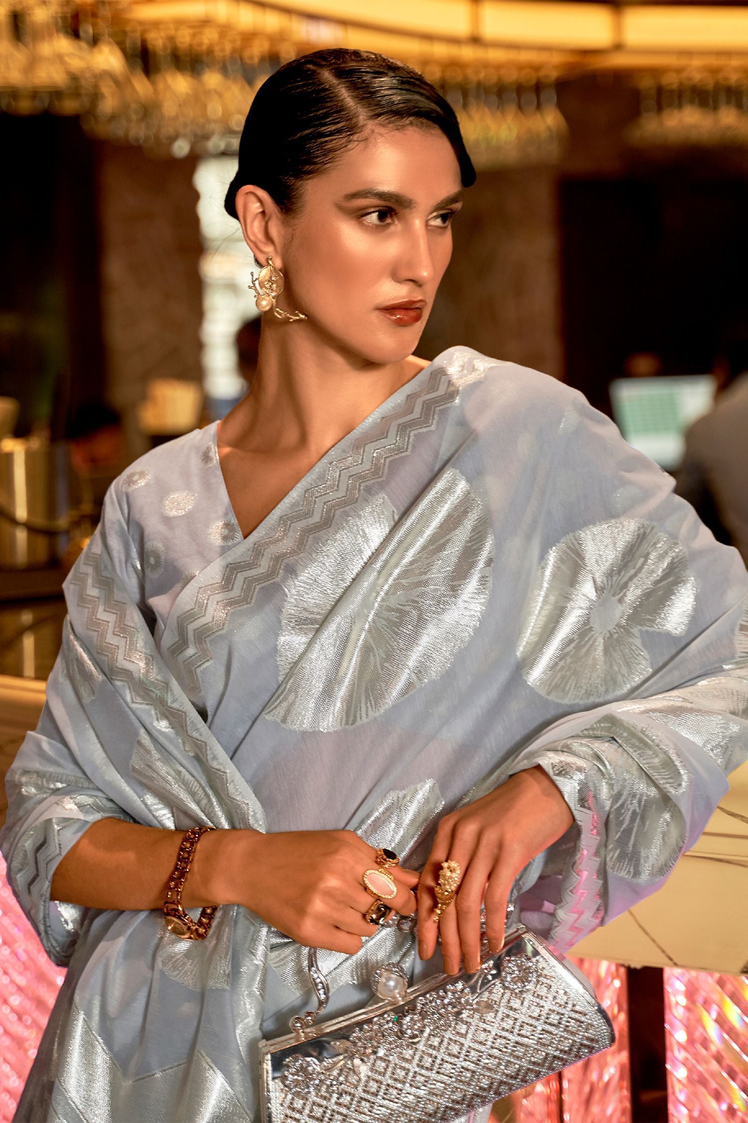 MySilkLove Silver Grey Printed Banarasi Partywear Silk Saree