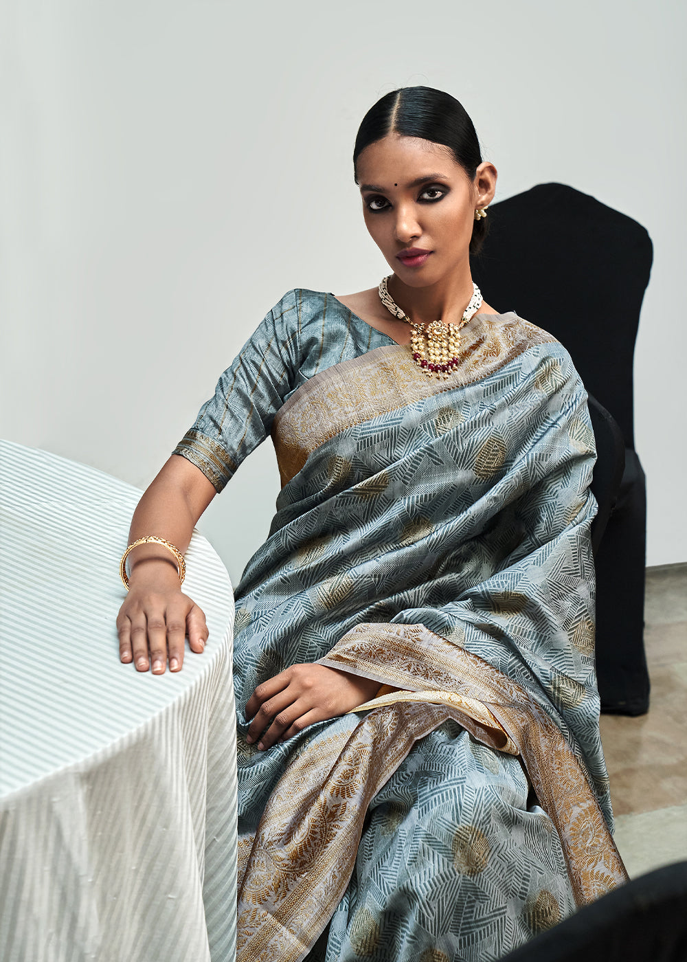 Buy MySilkLove Hit Grey Banarasi Woven Printed Silk Saree Online