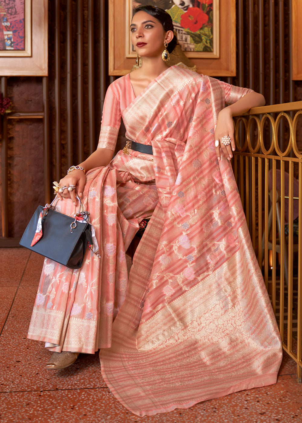 Buy MySilkLove Eunry Pink Woven Linen Silk Saree Online