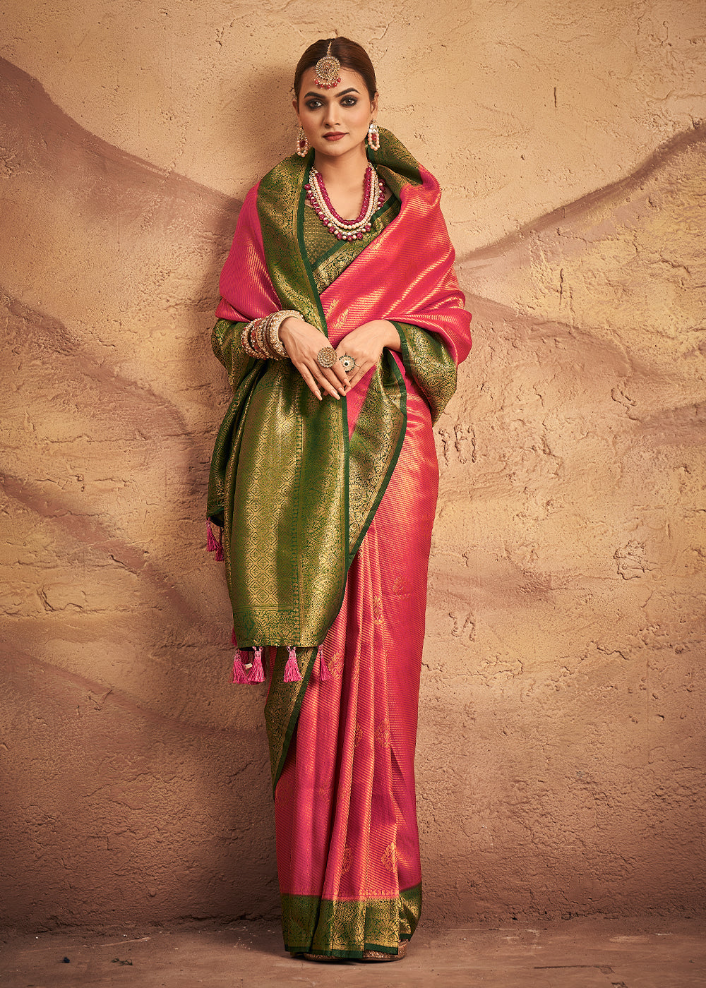 Buy MySilkLove Pink and Green Zari Woven Kanjivaram Silk Saree Online