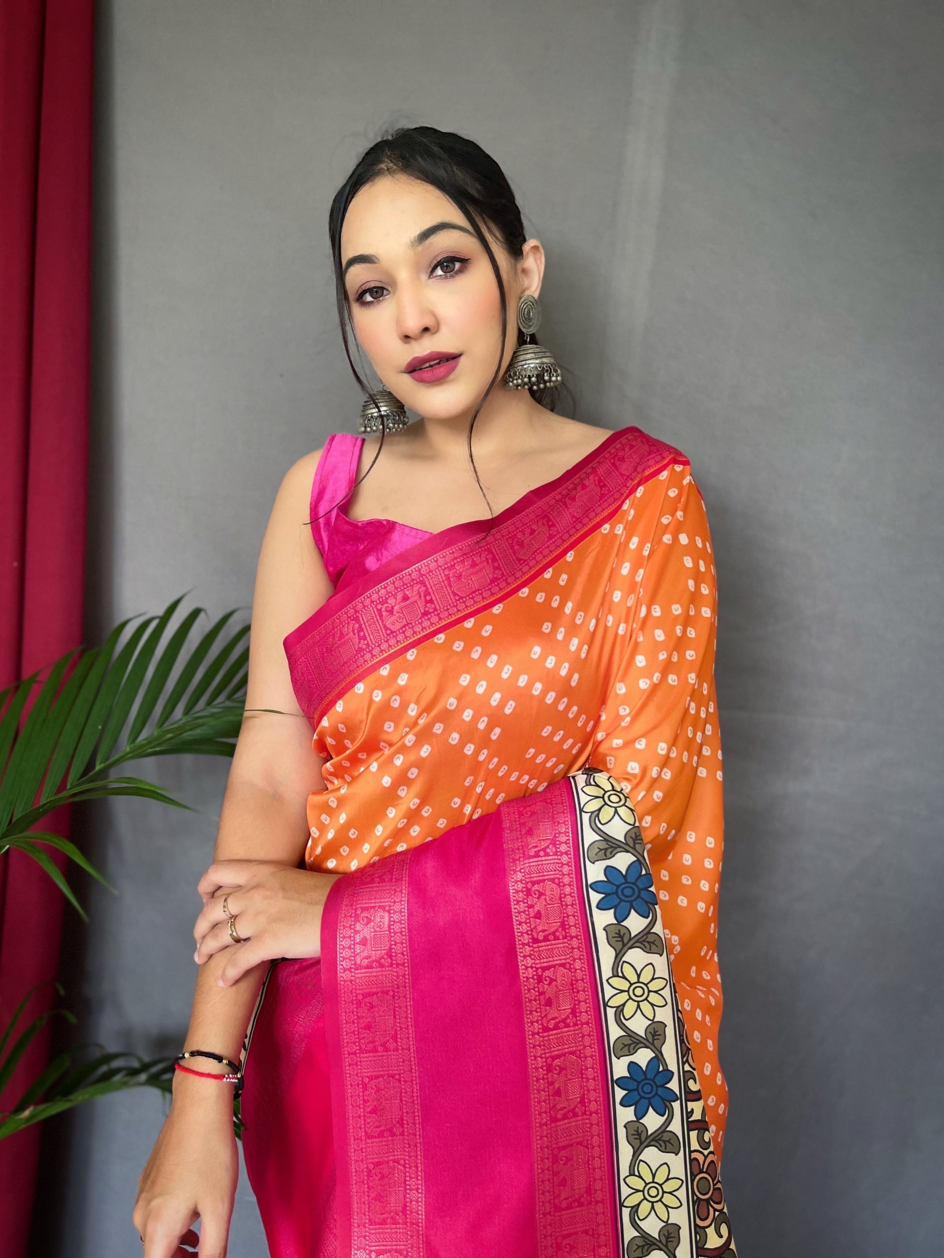 MySilkLove Crusta Orange and Pink Gala Bandhej Kalamkari Printed Silk Saree