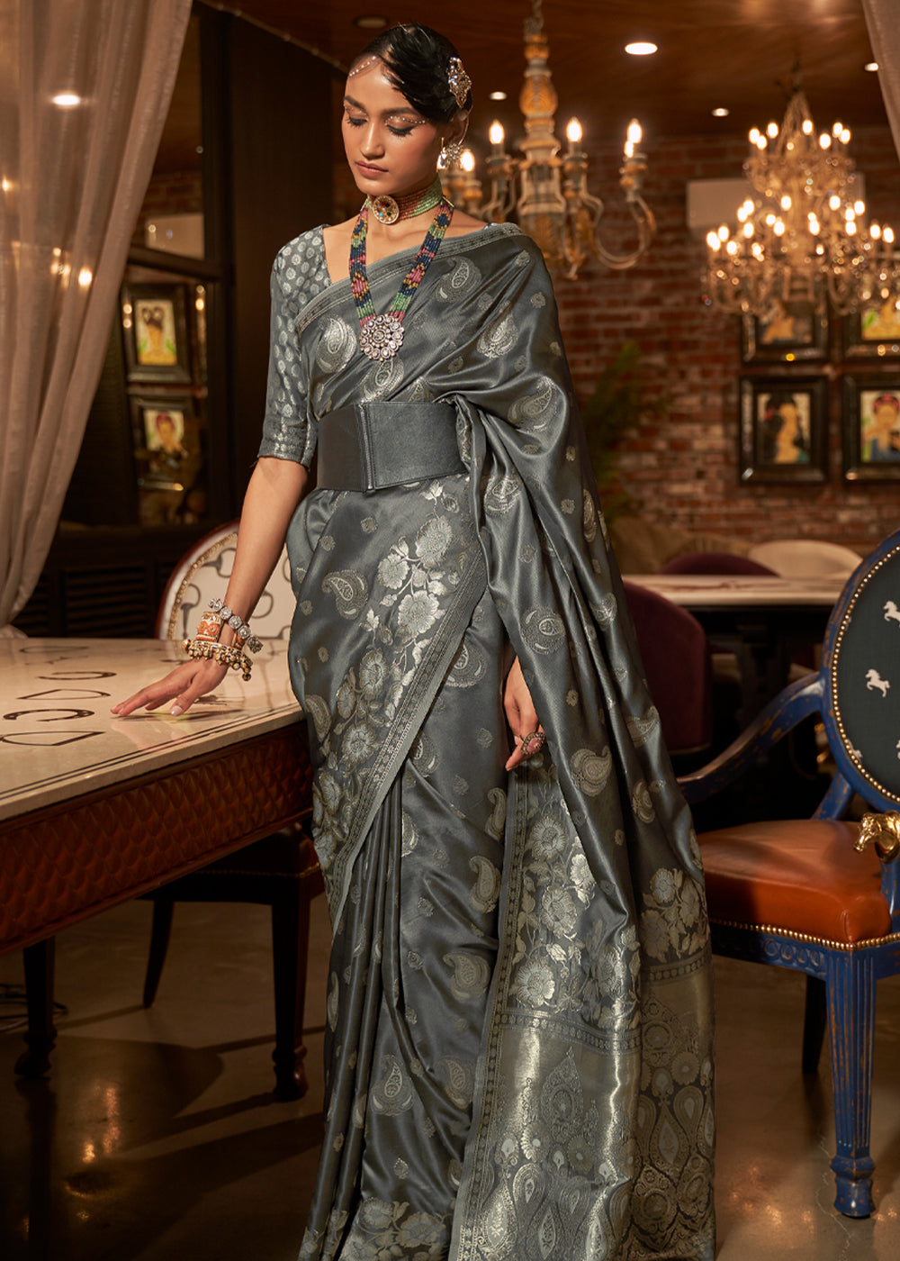 Buy MySilkLove Flint Grey Banarasi Woven Satin Silk Saree Online