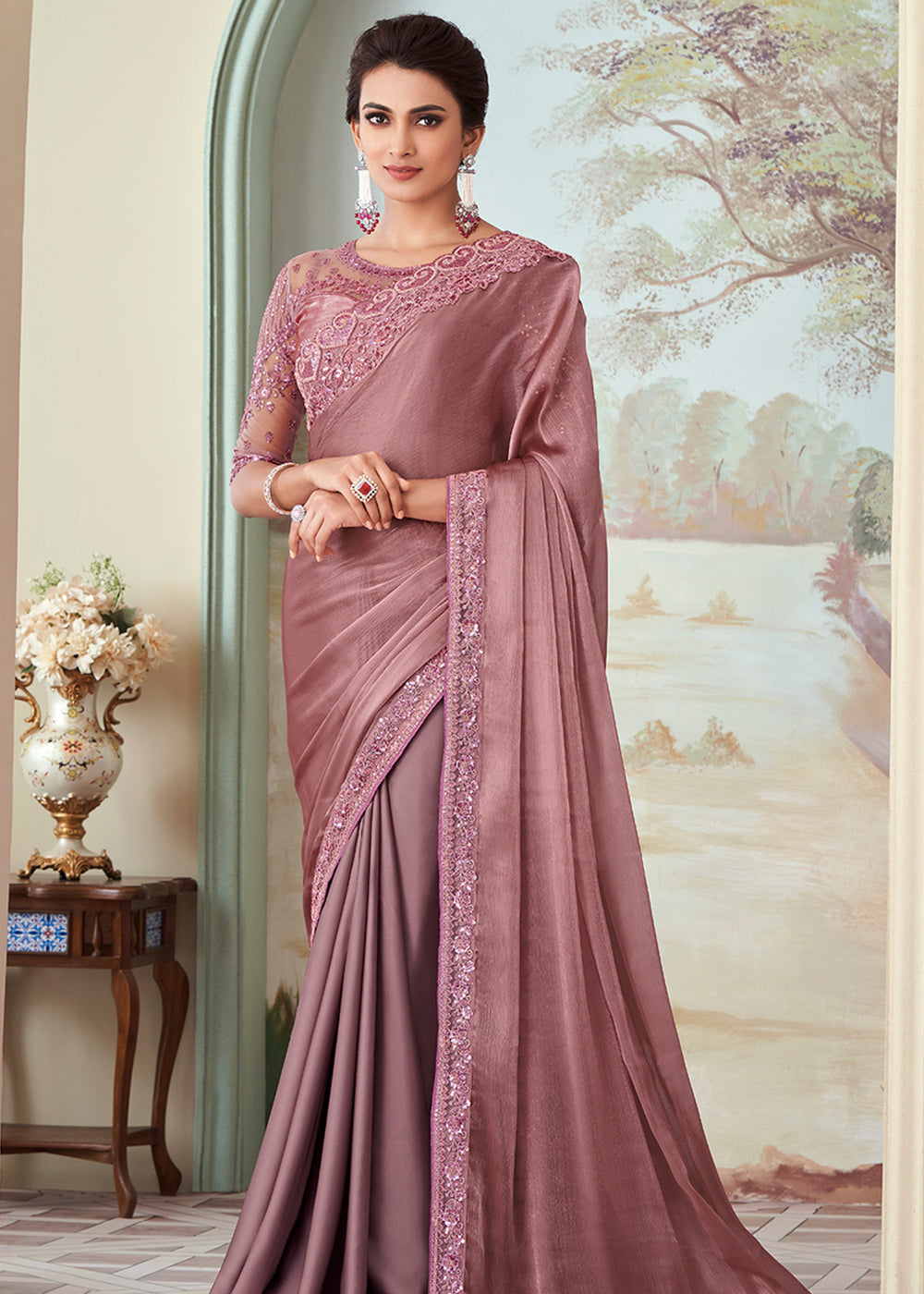 Buy MySilkLove Pink Pearl Designer Embroidered Satin Silk Saree Online