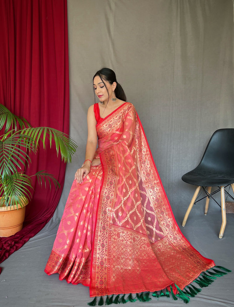 Sunset Red Woven Banarasi Organza Silk Saree