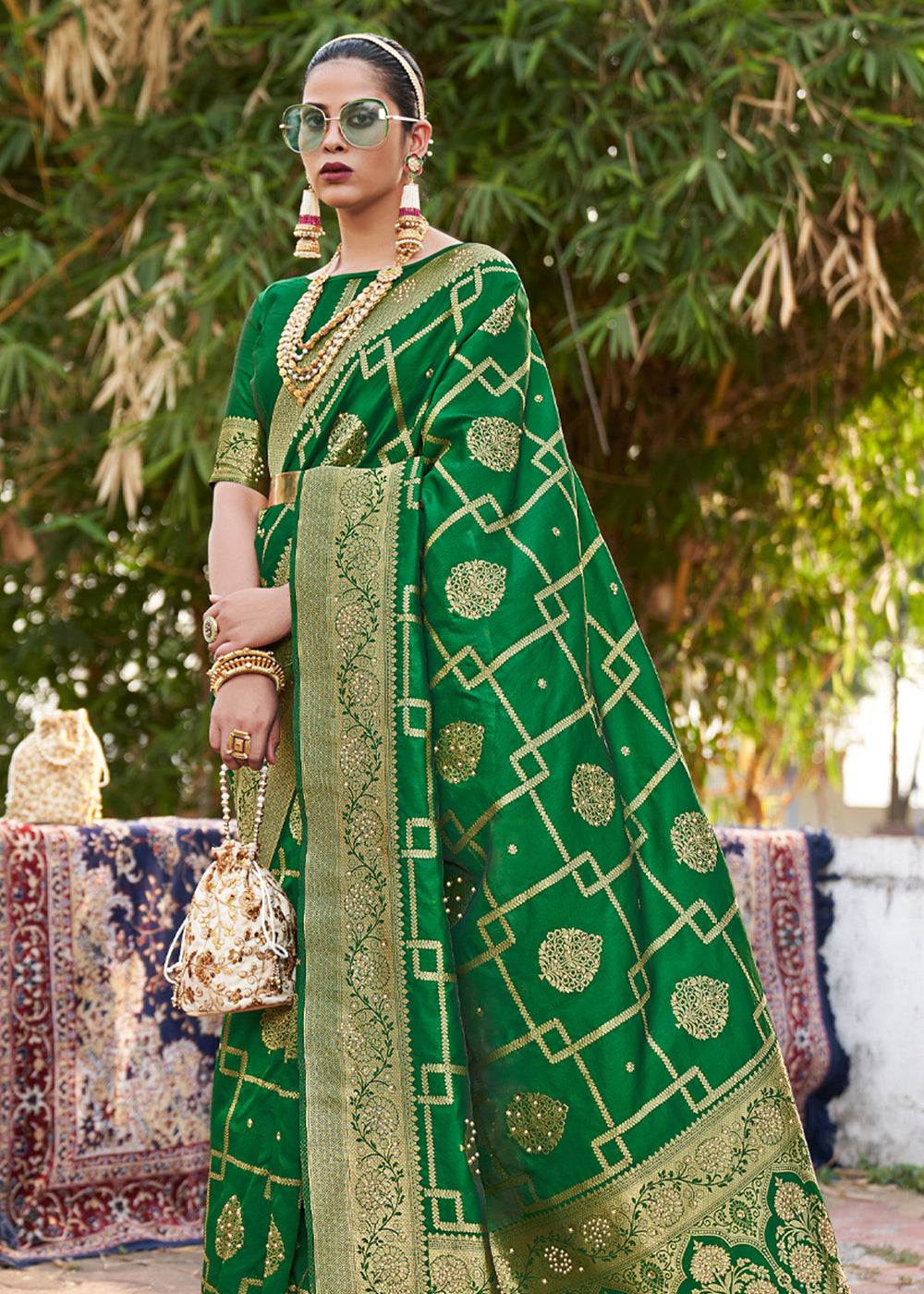 Buy MySilkLove Fun Green Woven Banarasi silk saree Online