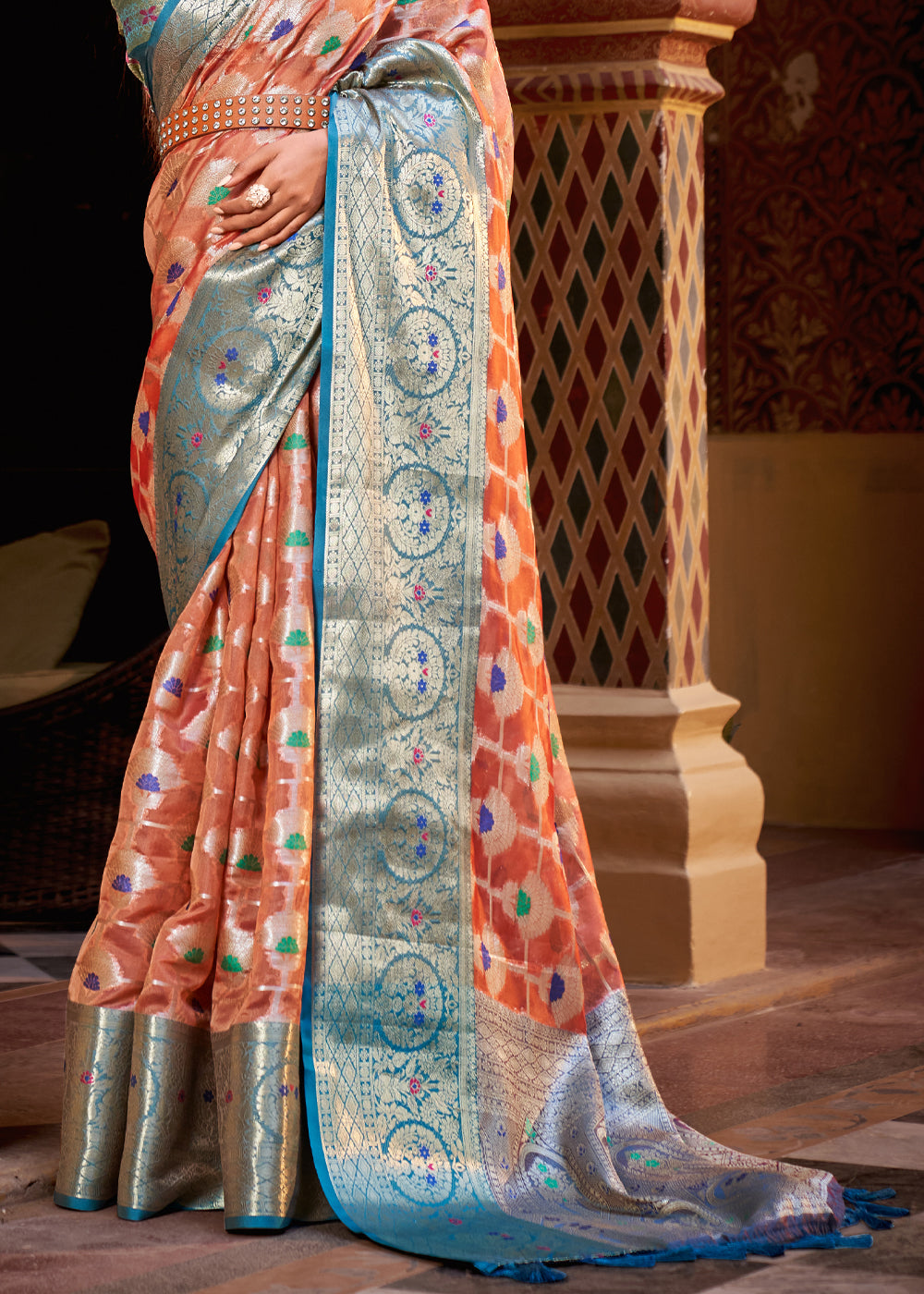 Buy MySilkLove Rose Bud Peach Banarasi Tissue Woven Silk Saree Online