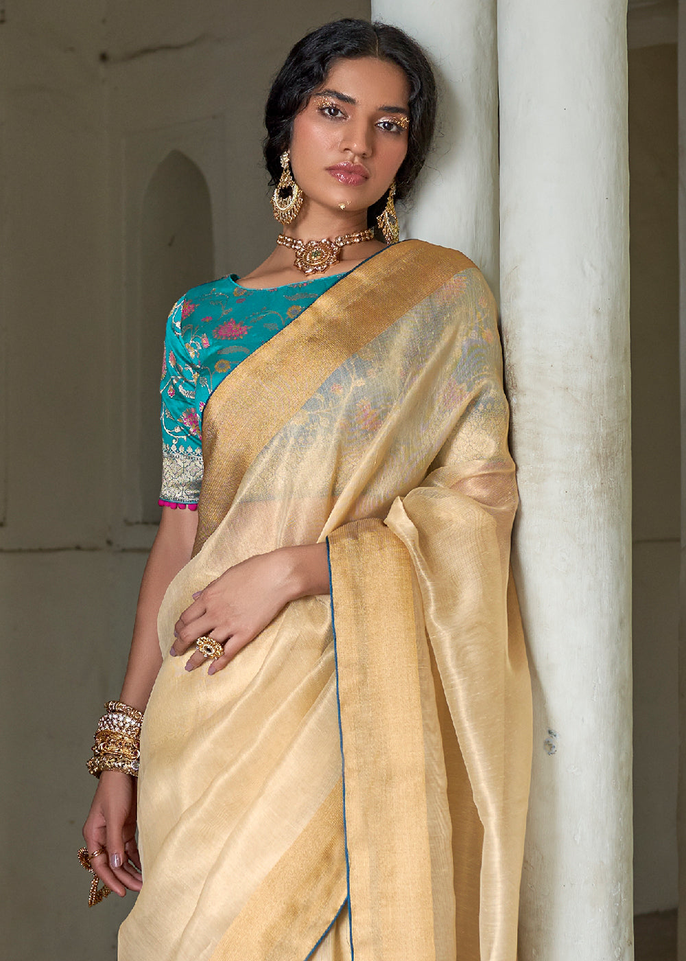 Buy MySilkLove Gold Sand Cream Soft Tissue Organza Silk Saree Online