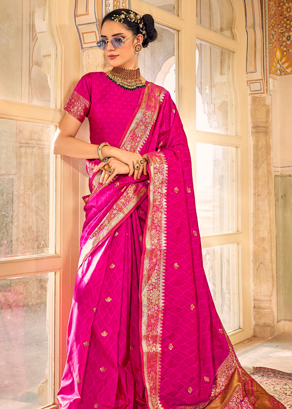 Buy MySilkLove Persian Rose Pink Woven Banarasi Satin Silk Saree Online