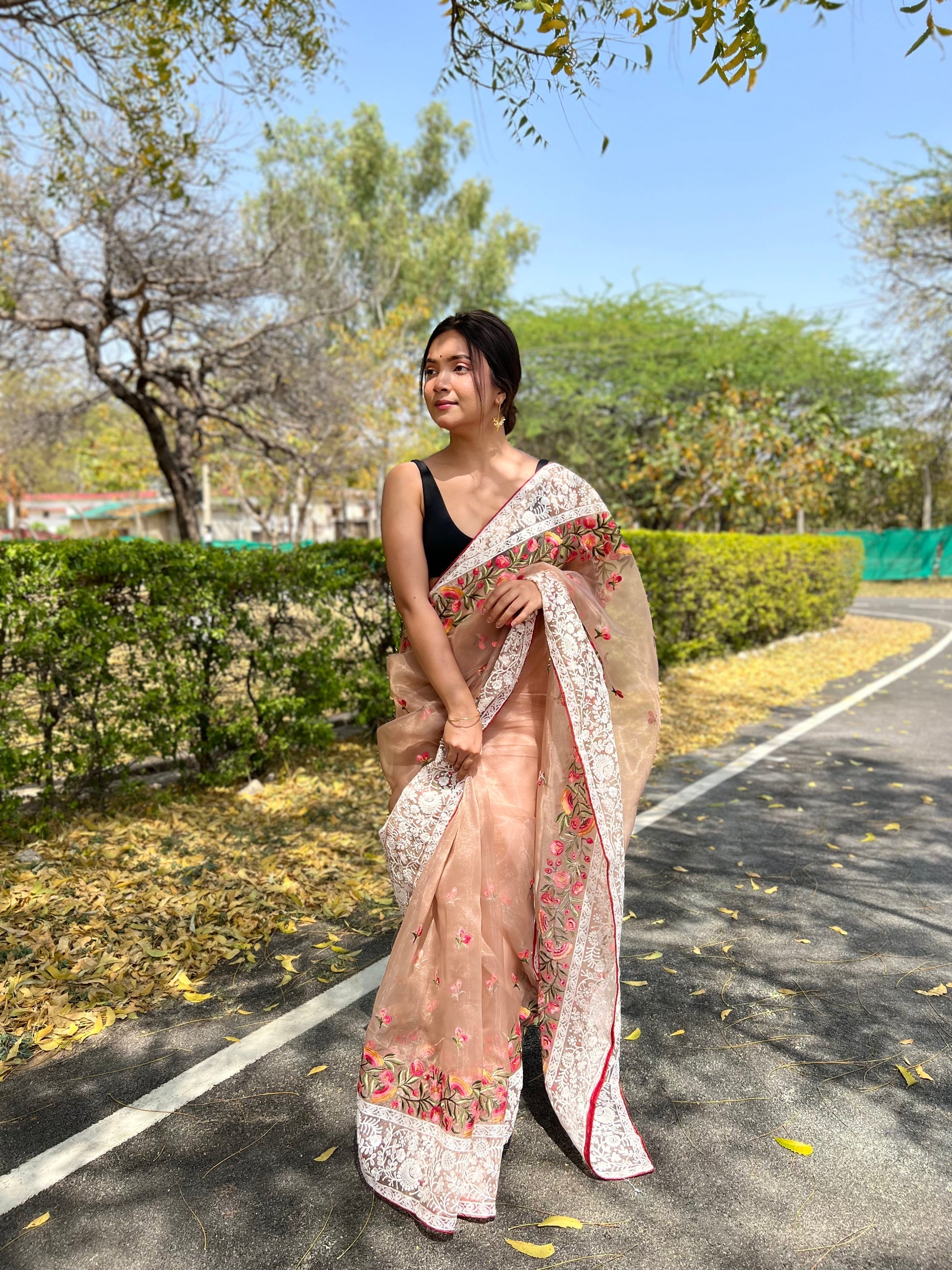 Buy MySilkLove Light Orange Lucknowi Chikankari Organza Silk Saree Online