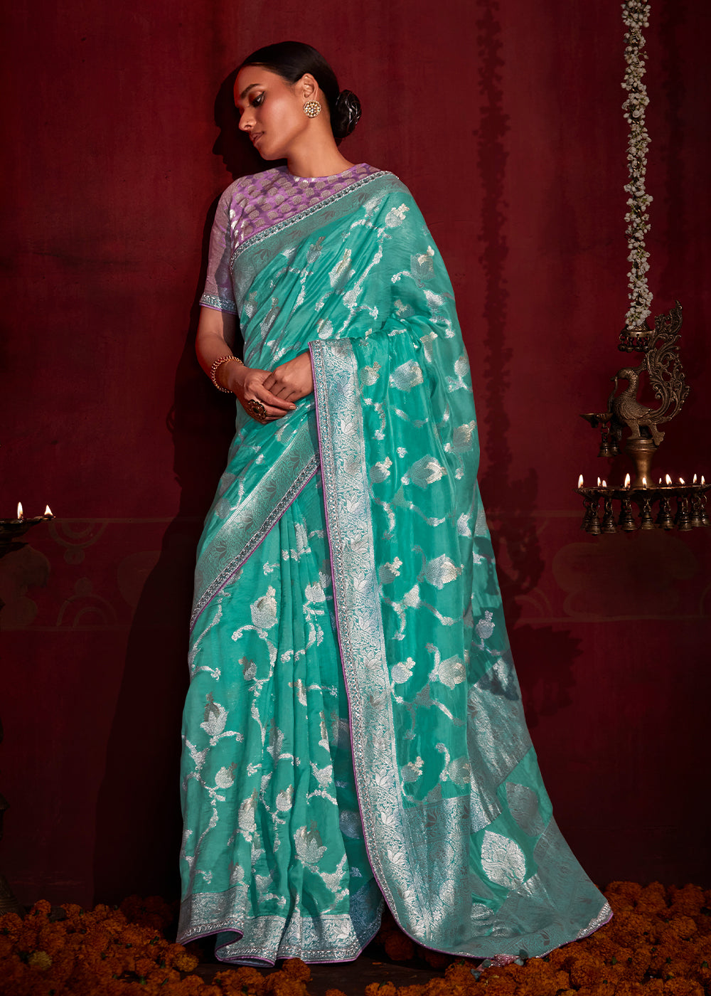 Buy MySilkLove Mountain Meadow Blue Woven Banarasi Georgette Silk Saree Online