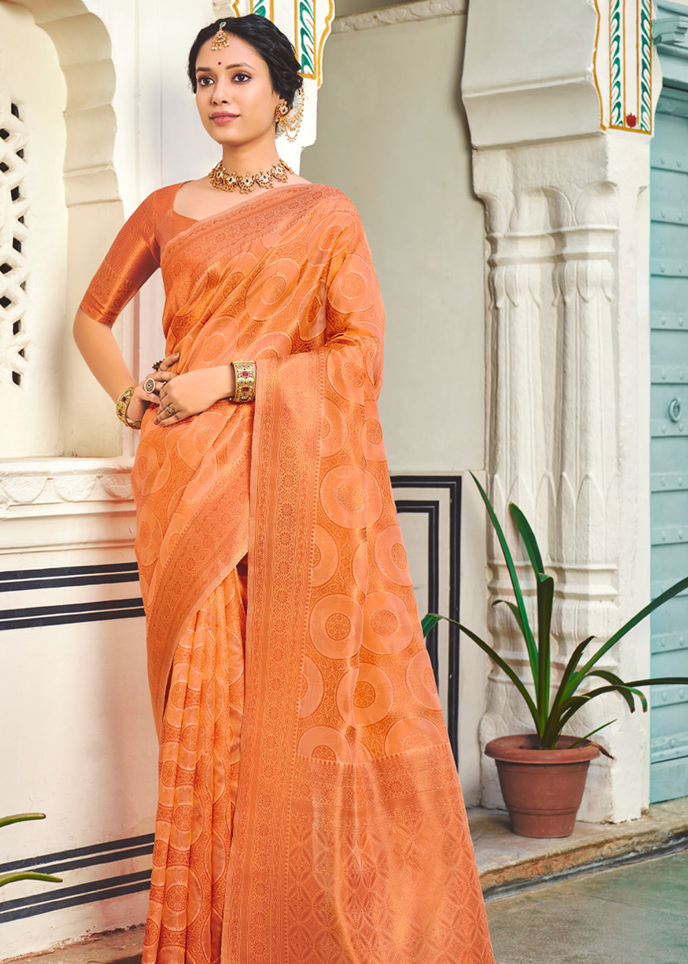 Buy MySilkLove Navajo Peach Woven Banarasi Organza Silk Saree Online