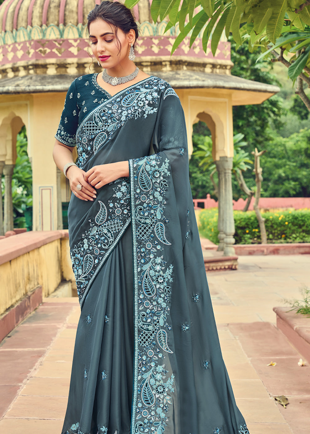 Buy MySilkLove Oslo Grey Designer Embroidered Satin Silk Saree Online