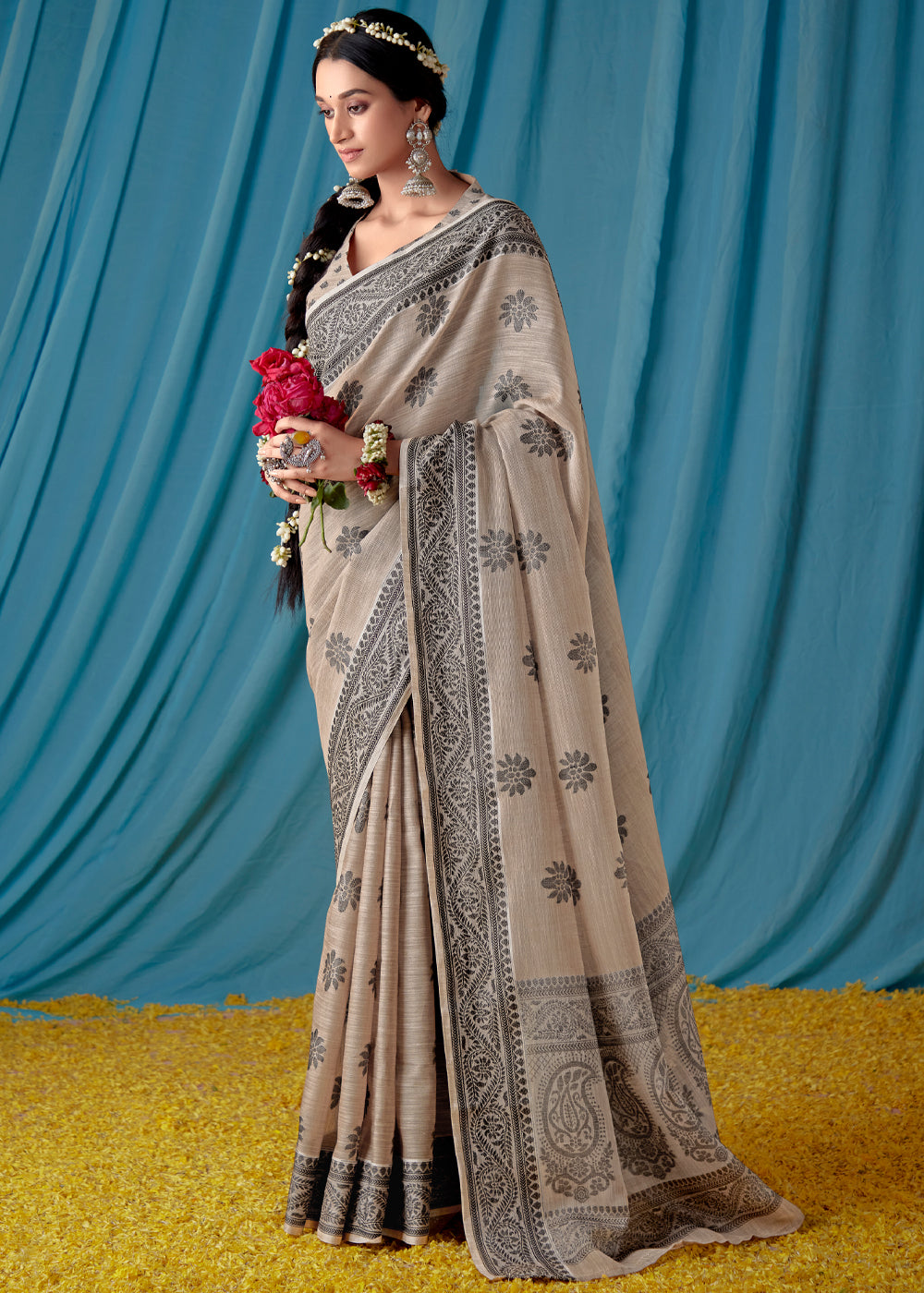 Buy MySilkLove Bronco Grey Woven Banarasi Linen Silk Saree Online