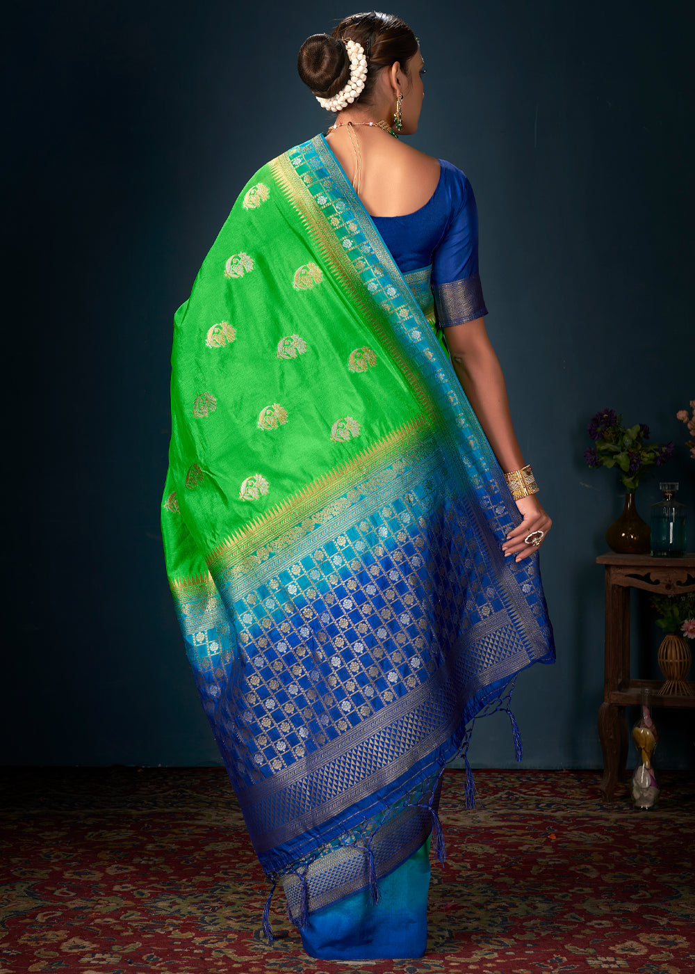 Buy MySilkLove Screamin Green ad Blue Woven Banarasi Silk Saree Online