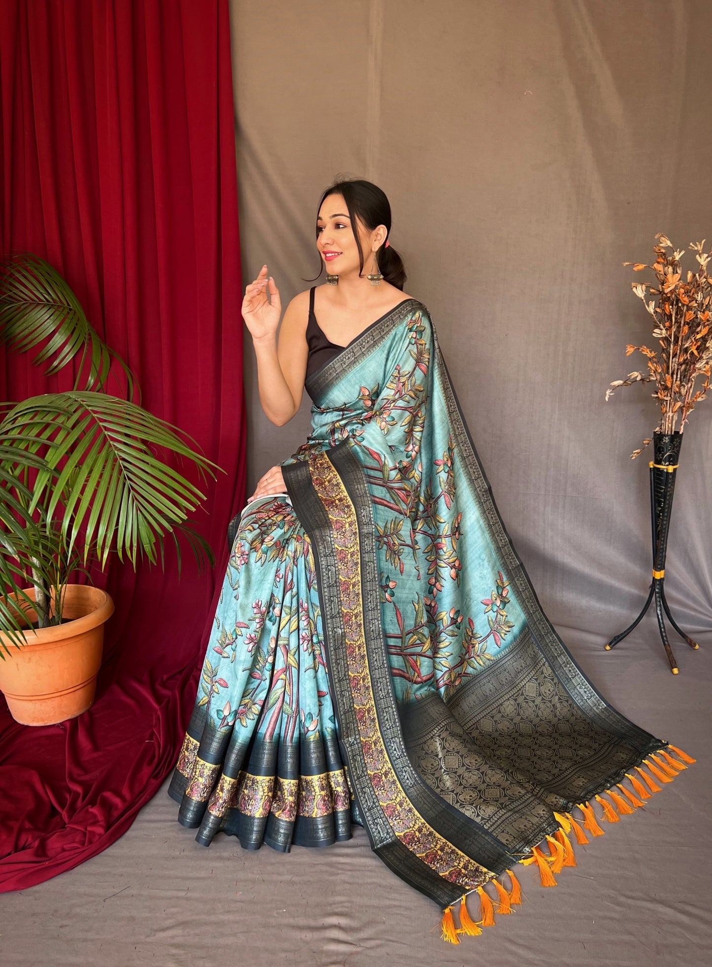 Buy MySilkLove Shadow Blue Banarasi Kalamkari Printed Silk Saree Online