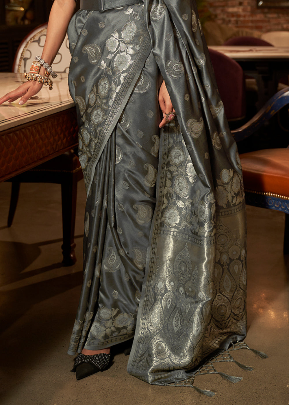 Buy MySilkLove Flint Grey Banarasi Woven Satin Silk Saree Online