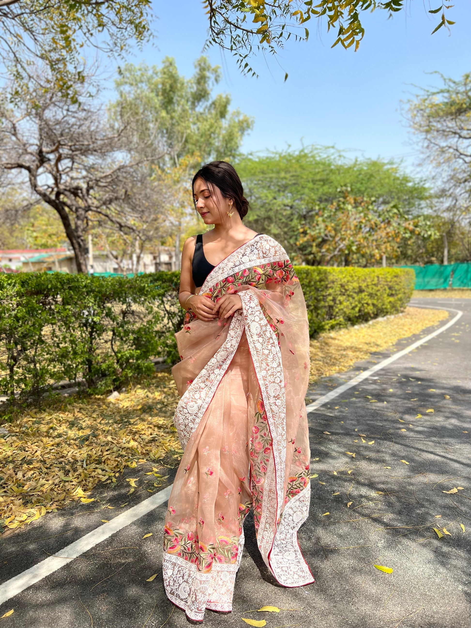 Buy MySilkLove Light Orange Lucknowi Chikankari Organza Silk Saree Online