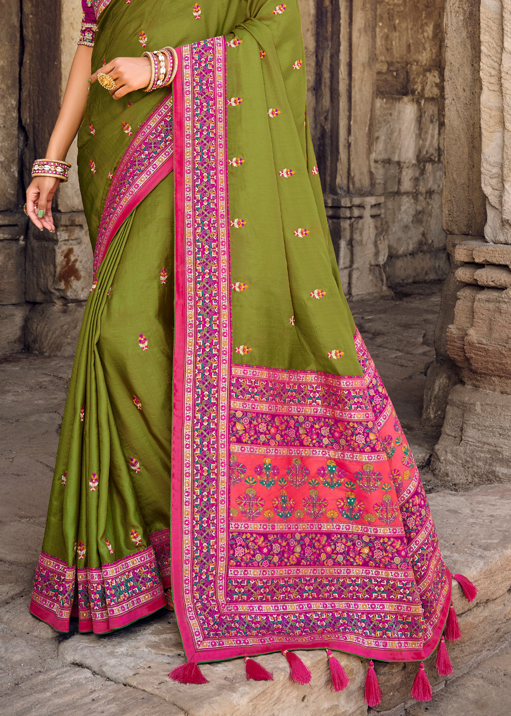 Buy MySilkLove Bronze Olive Green Banarasi Woven Silk Saree with Designer Blouse Online