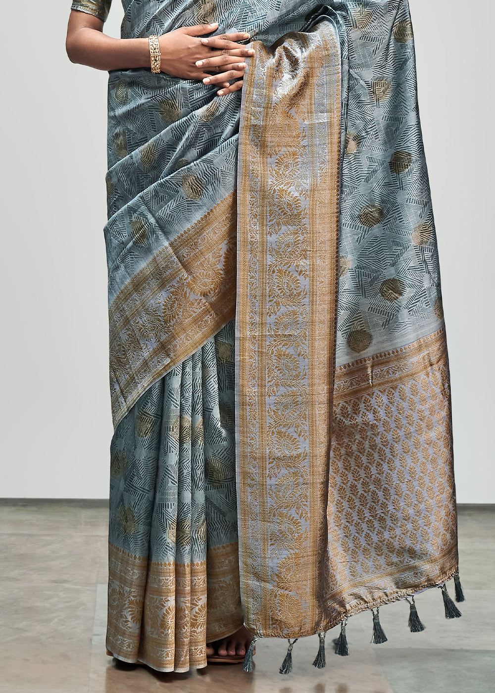 Buy MySilkLove Hit Grey Banarasi Woven Printed Silk Saree Online