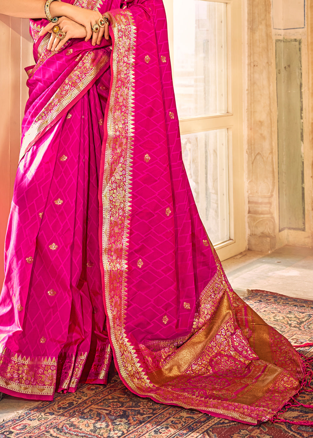 Buy MySilkLove Persian Rose Pink Woven Banarasi Satin Silk Saree Online