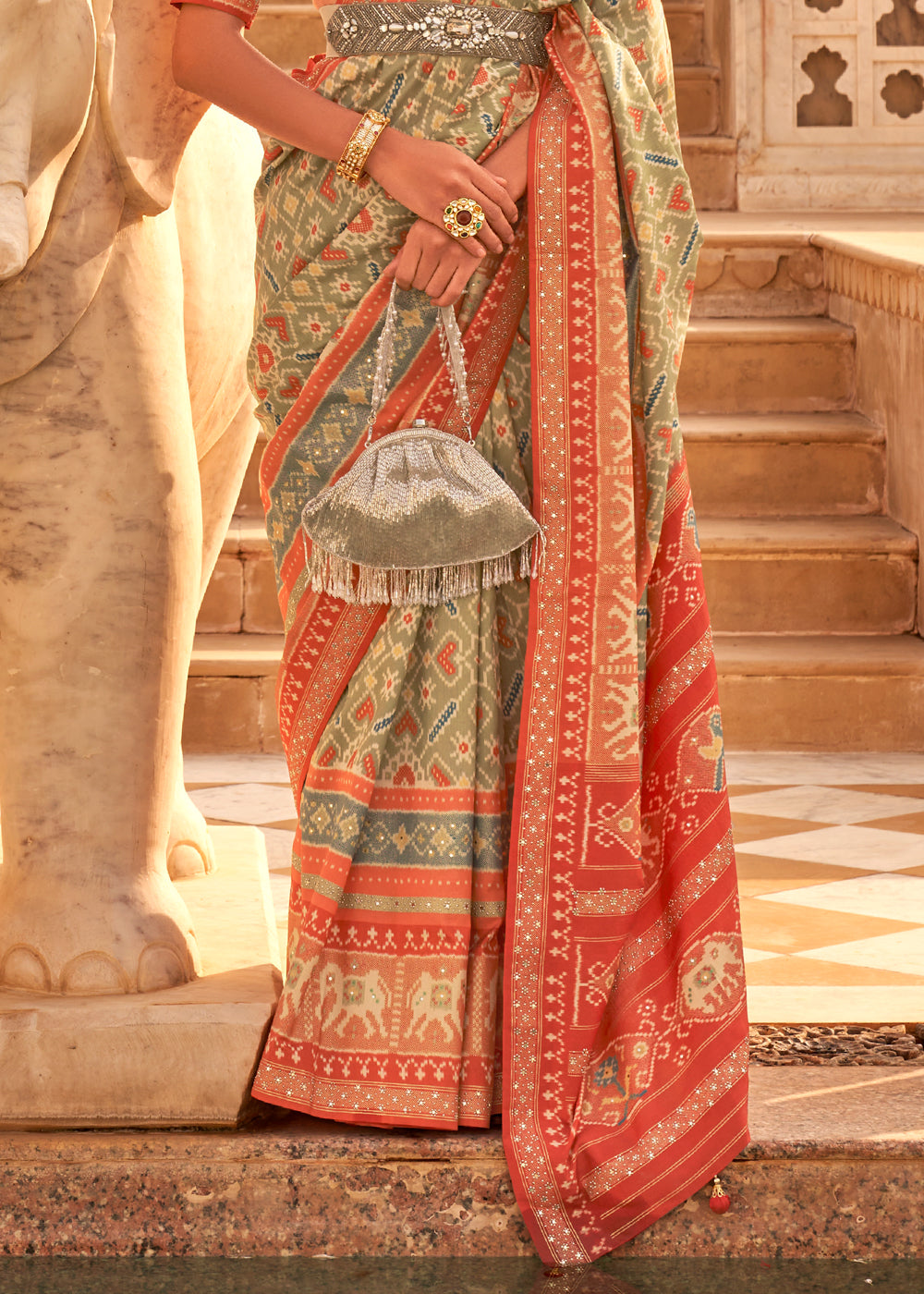 Buy MySilkLove Domino Grey and Orange Woven Patola Silk Saree Online