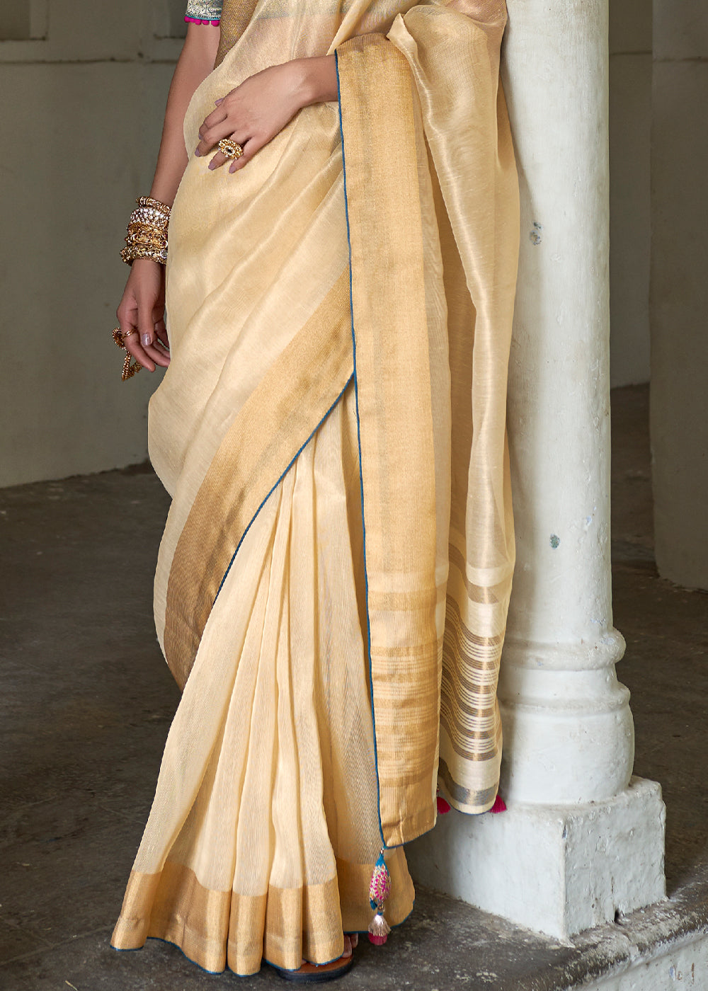 Buy MySilkLove Gold Sand Cream Soft Tissue Organza Silk Saree Online