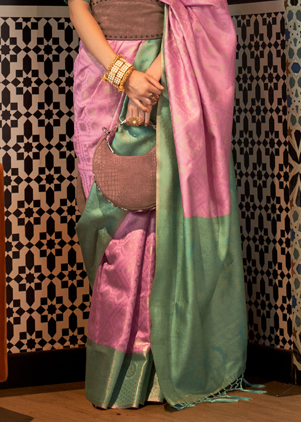 Buy MySilkLove Salmon Pink and Green Banarasi Woven Silk Saree Online